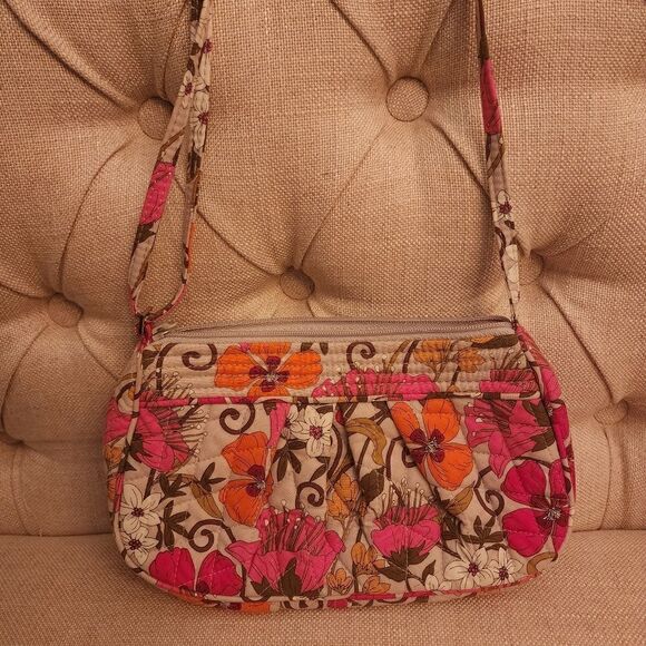 Vera Bradley Grey Pink Floral Crossbody Bag Purse - Picture 2 of 3